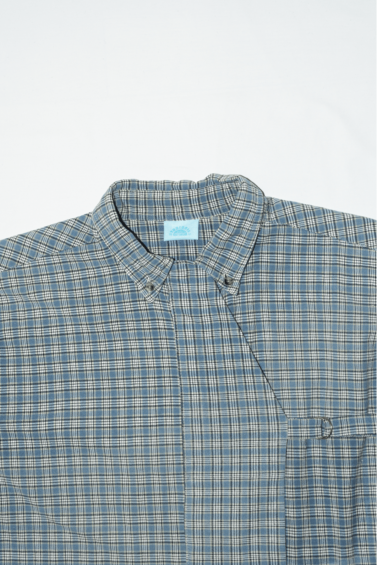 Asymmetrical Shirt Buckles Checkered Blue