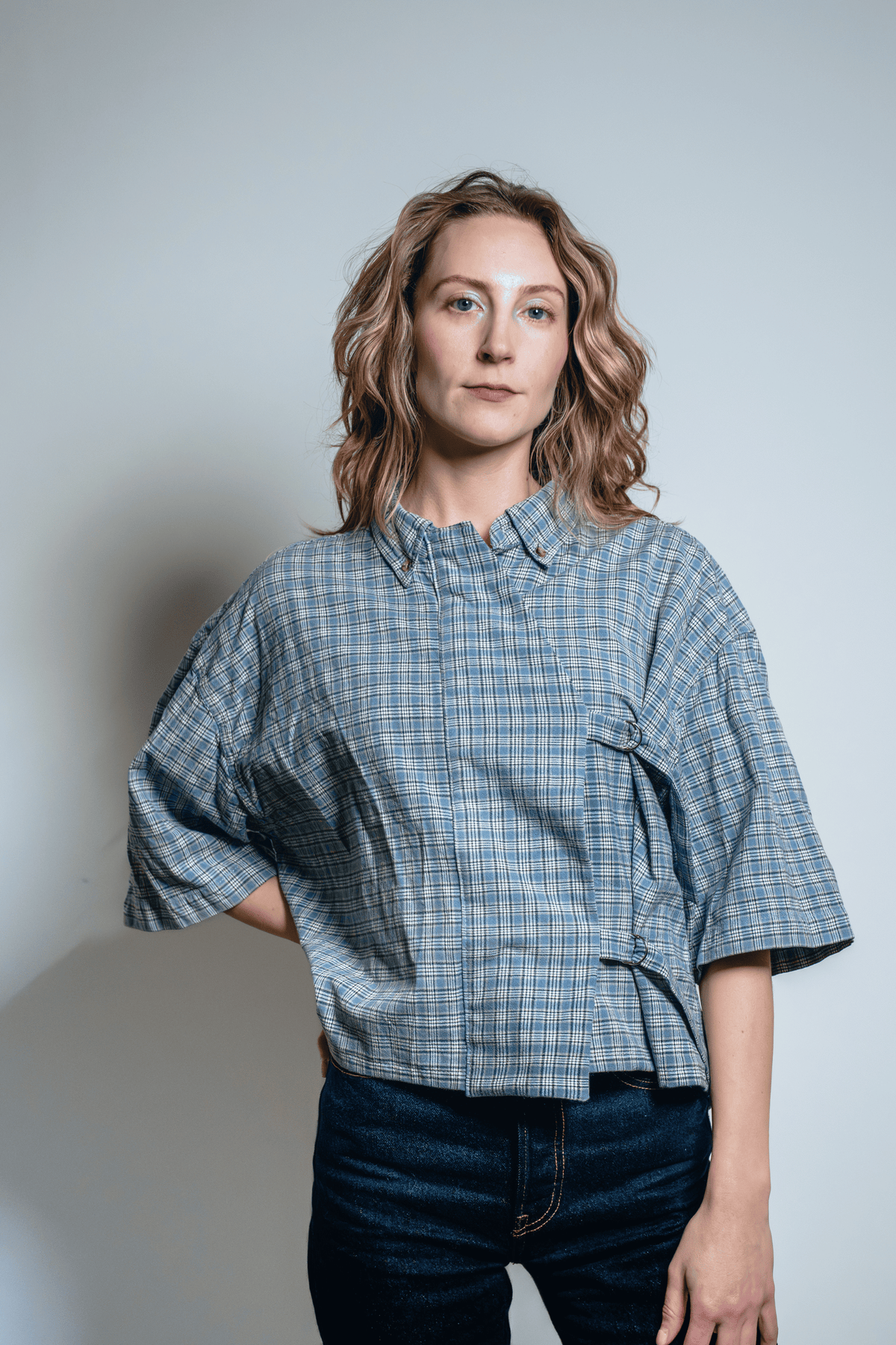 Asymmetrical Shirt Buckles Checkered Blue
