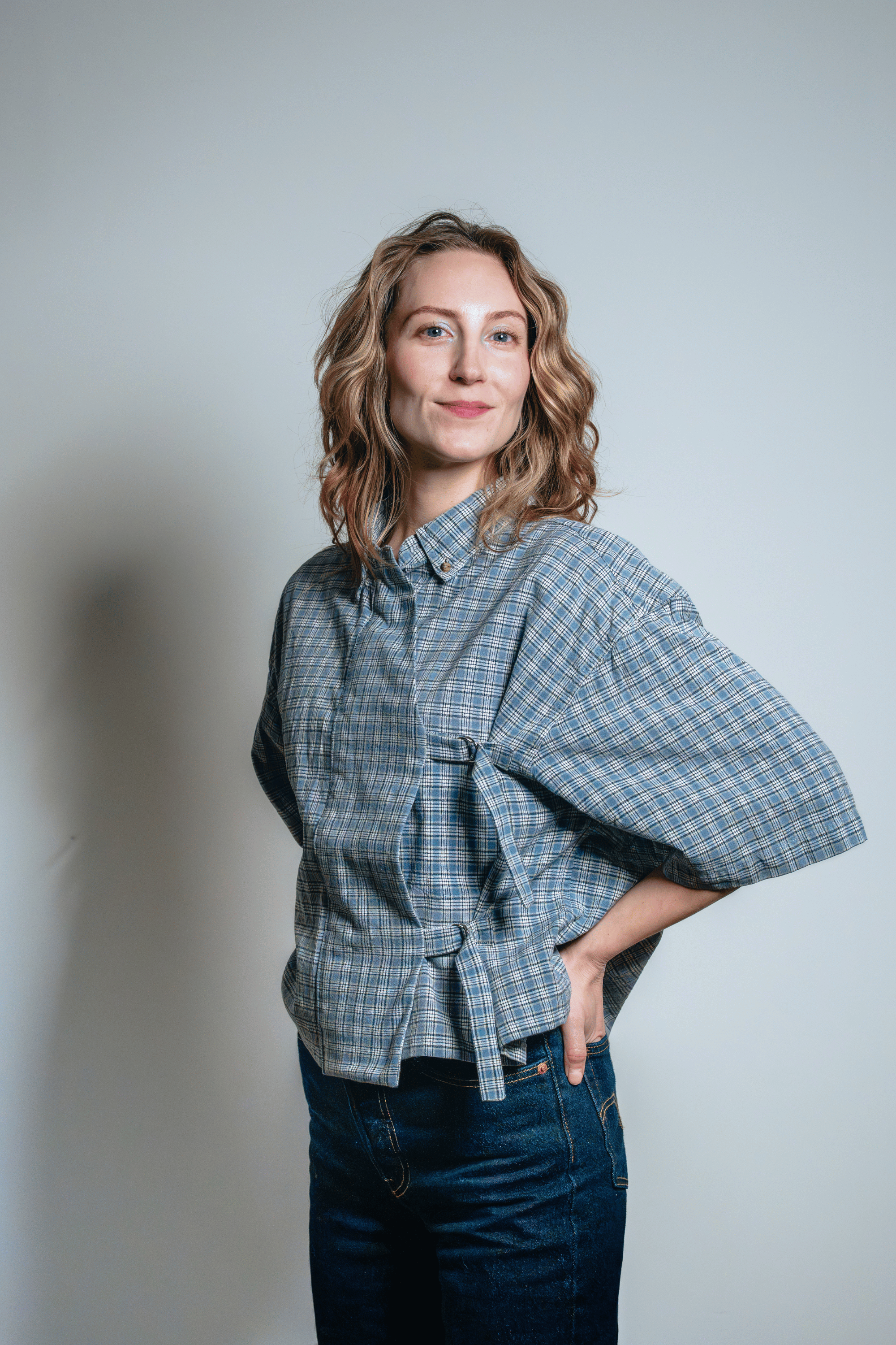 Asymmetrical Shirt Buckles Checkered Blue