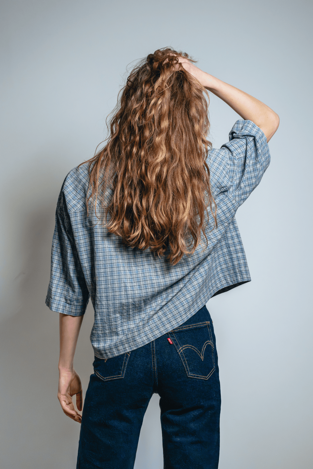 Asymmetrical Shirt Buckles Checkered Blue