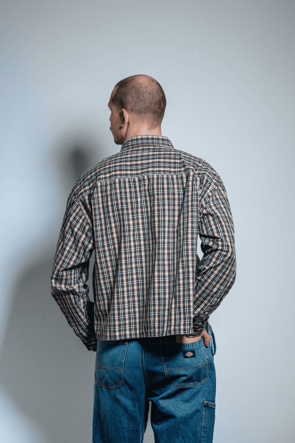 Asymmetric Shirt Buttons Checkered Brown