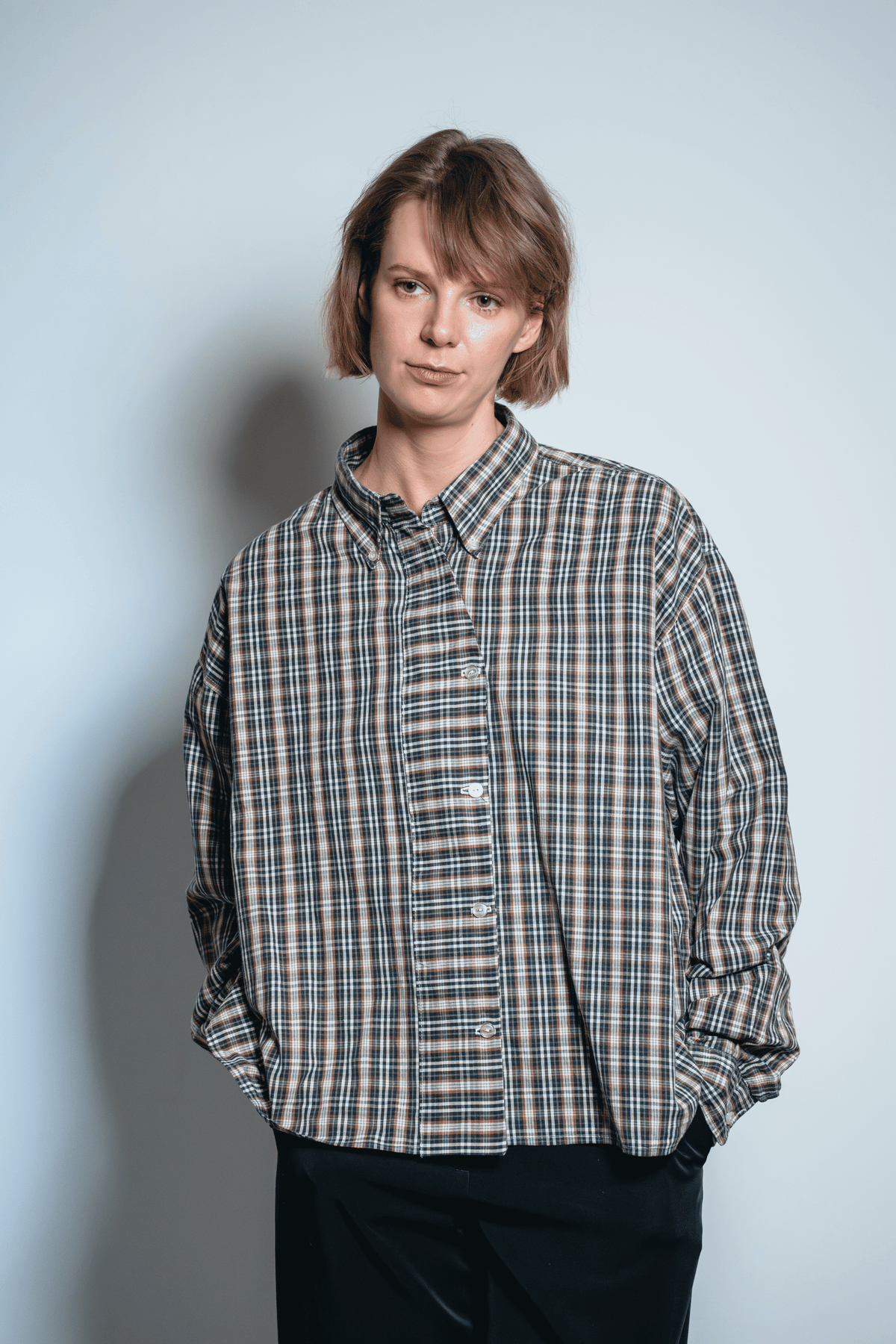 Asymmetric Shirt Buttons Checkered Brown